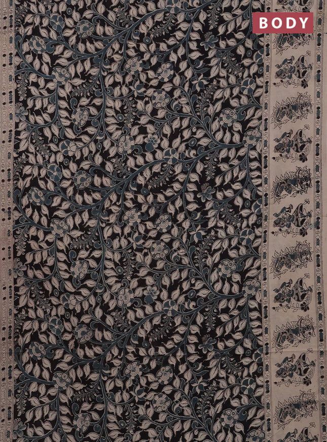 Kalamkari cotton saree black and beige with allover prints and printed border