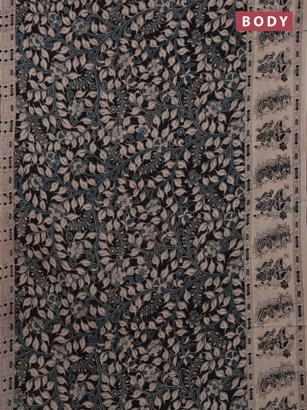 Kalamkari cotton saree black and beige with allover prints and printed border