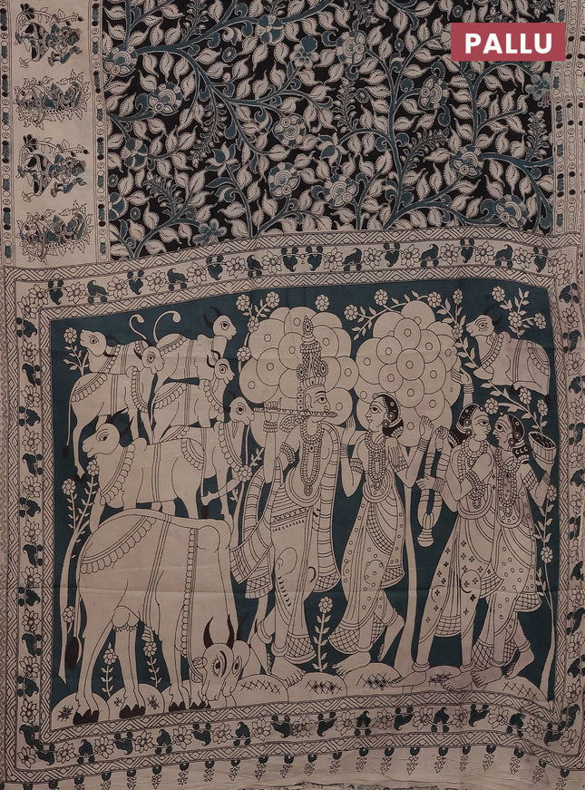 Kalamkari cotton saree black and beige with allover prints and printed border