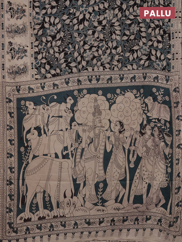 Kalamkari cotton saree black and beige with allover prints and printed border
