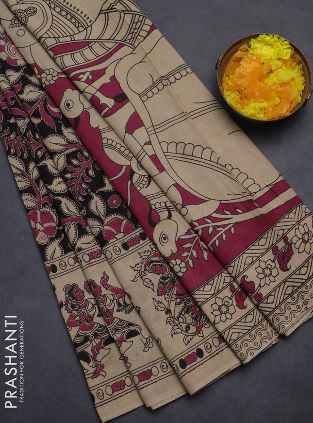 Kalamkari cotton saree black and beige with allover prints and printed border