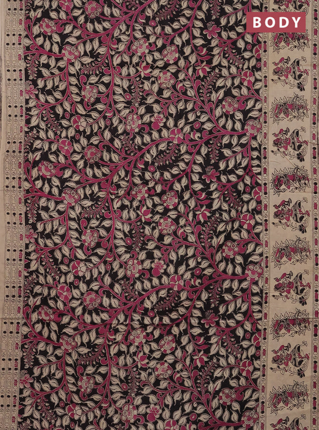 Kalamkari cotton saree black and beige with allover prints and printed border
