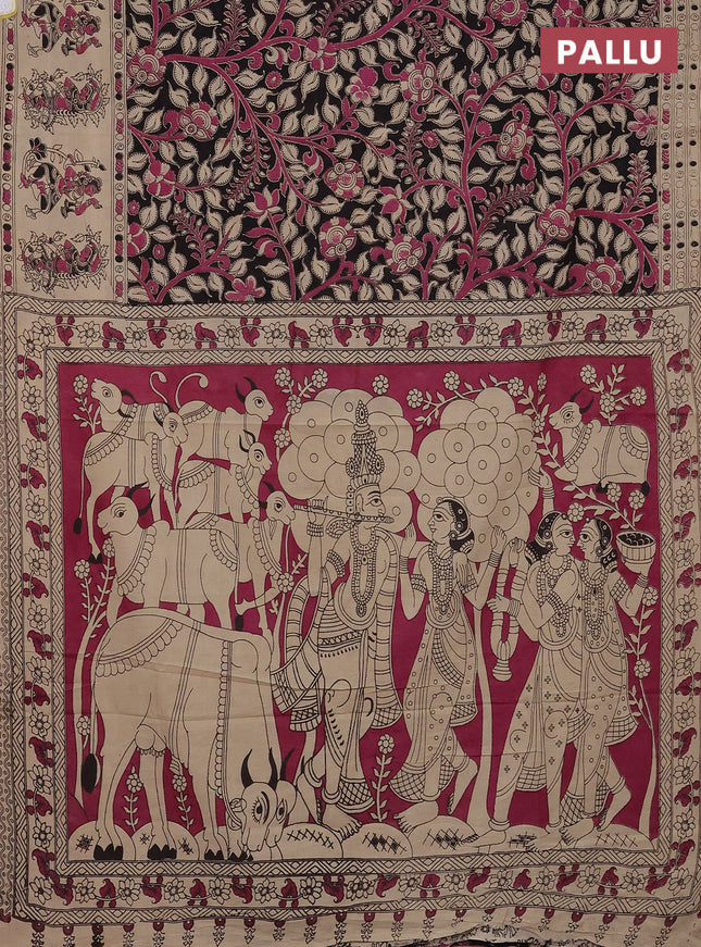 Kalamkari cotton saree black and beige with allover prints and printed border