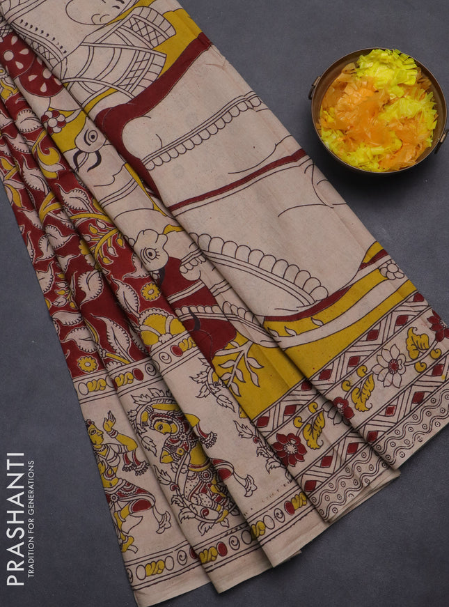 Kalamkari cotton saree maroon and beige with allover prints and printed border