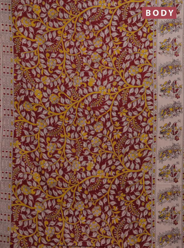 Kalamkari cotton saree maroon and beige with allover prints and printed border