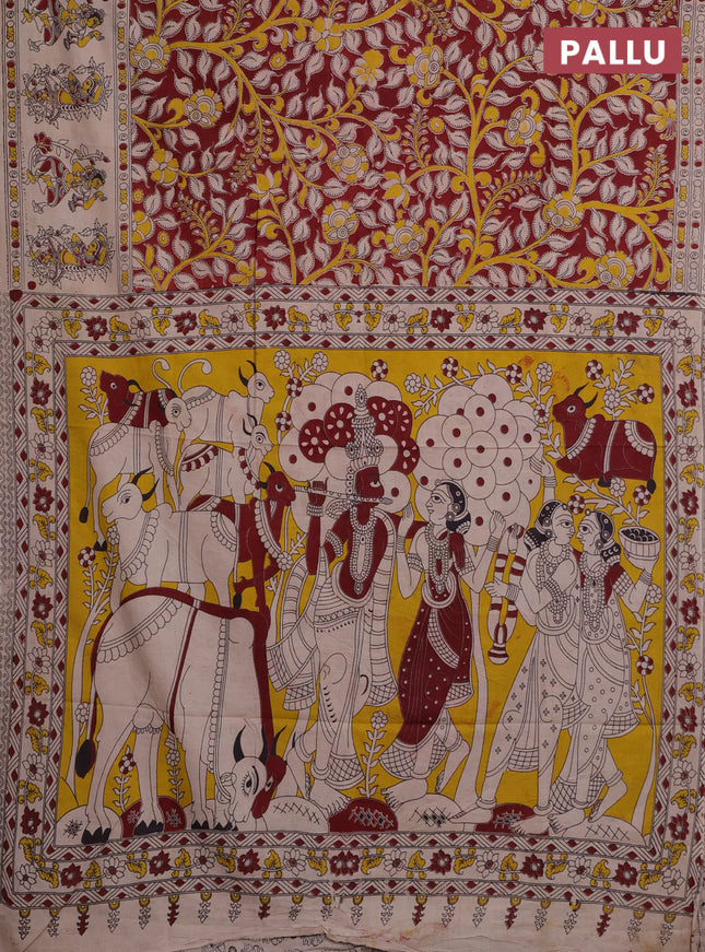 Kalamkari cotton saree maroon and beige with allover prints and printed border