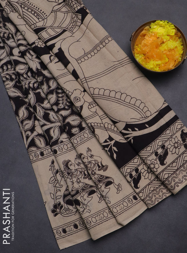 Kalamkari cotton saree black and beige with allover prints and printed border
