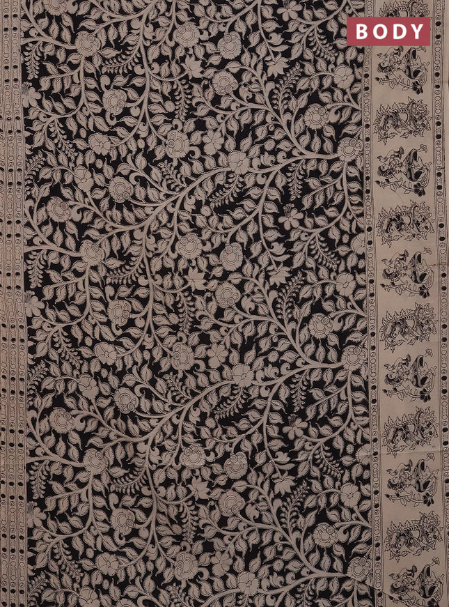Kalamkari cotton saree black and beige with allover prints and printed border