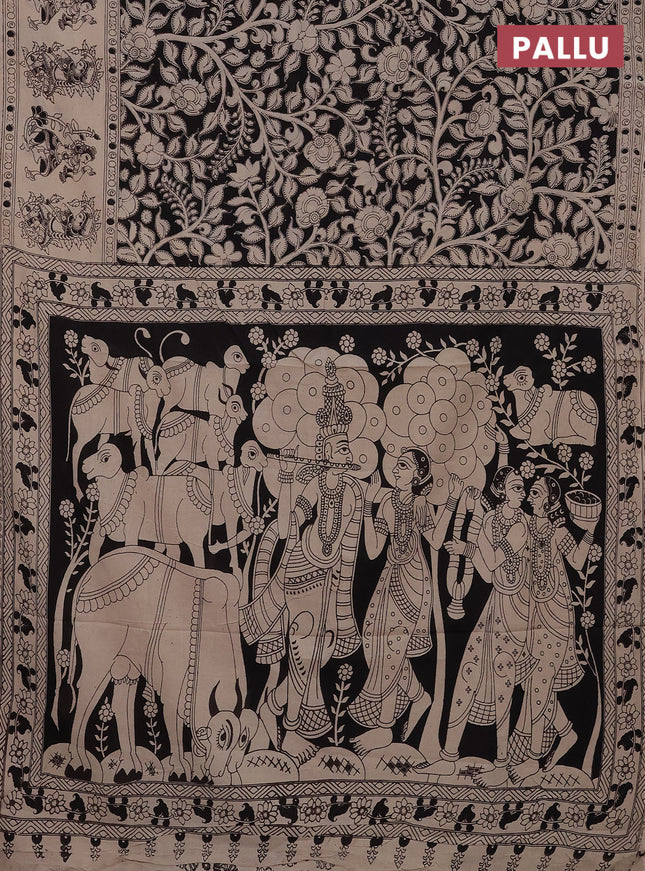 Kalamkari cotton saree black and beige with allover prints and printed border