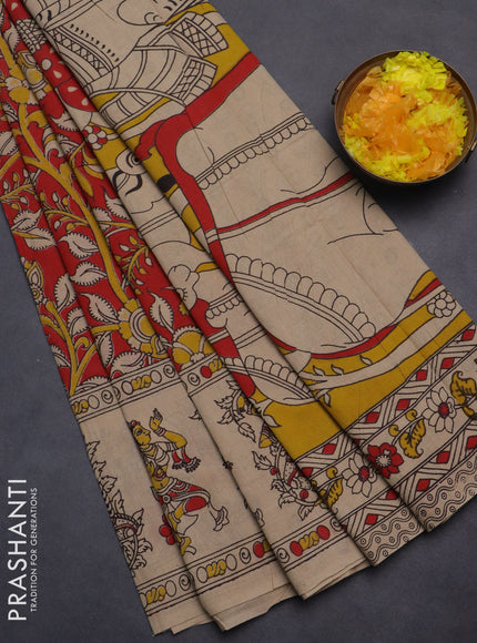 Kalamkari cotton saree red and beige with allover prints and printed border