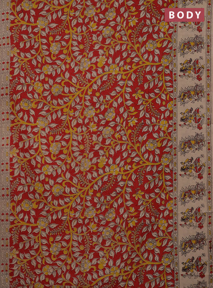 Kalamkari cotton saree red and beige with allover prints and printed border