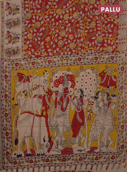 Kalamkari cotton saree red and beige with allover prints and printed border