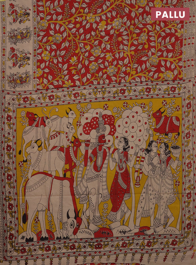 Kalamkari cotton saree red and beige with allover prints and printed border
