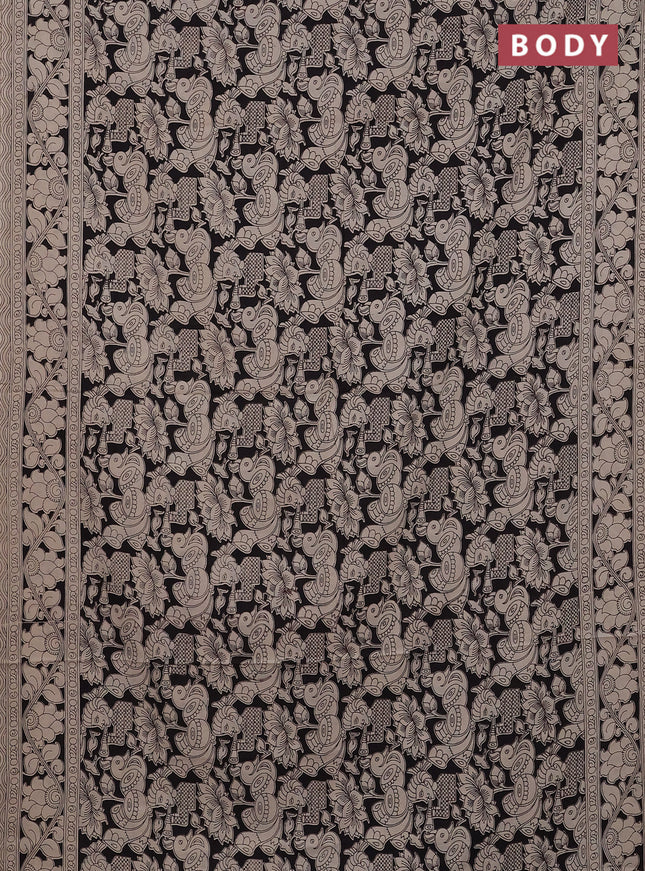 Kalamkari cotton saree black and beige with allover prints and printed border