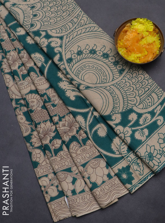 Kalamkari cotton saree teal green and beige with allover prints and printed border