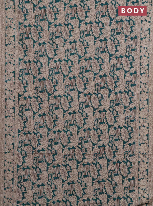 Kalamkari cotton saree teal green and beige with allover prints and printed border