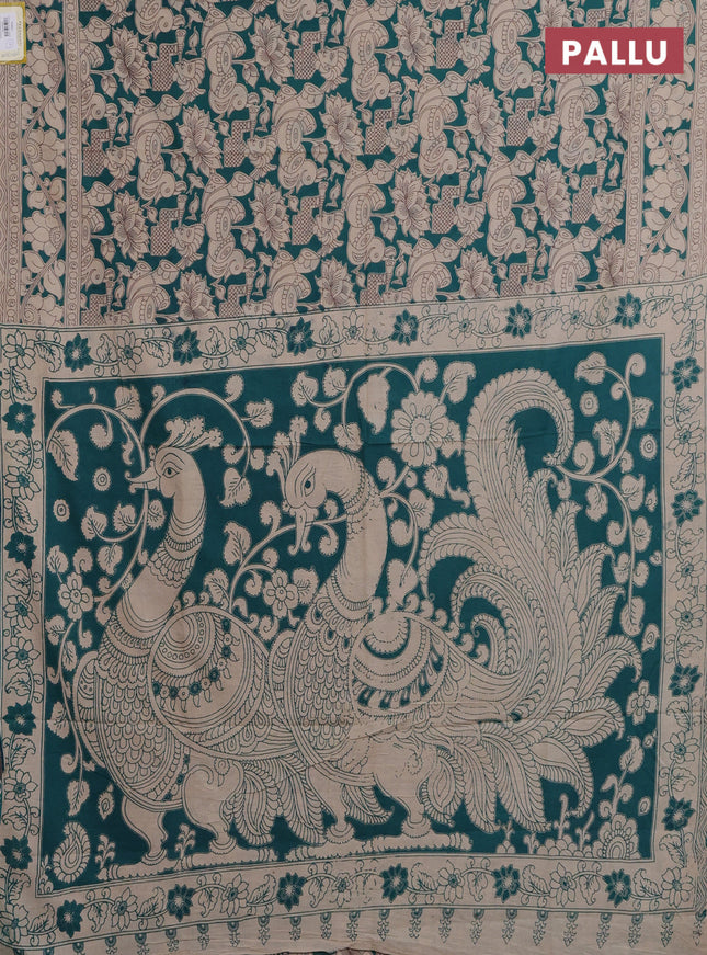 Kalamkari cotton saree teal green and beige with allover prints and printed border