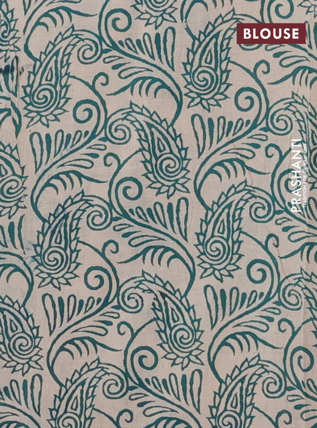 Kalamkari cotton saree teal green and beige with allover prints and printed border