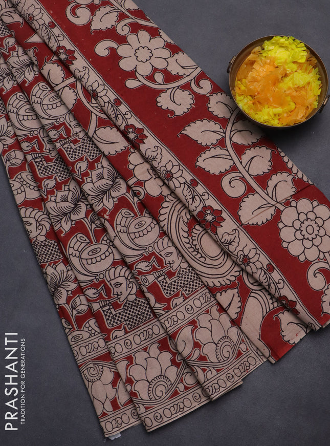 Kalamkari cotton saree maroon and beige with allover prints and printed border
