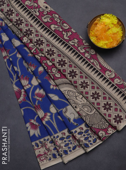 Kalamkari cotton saree blue and beige with pichwai prints and printed border