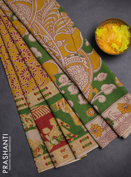 Kalamkari cotton saree yellow and light green with allover prints and printed border