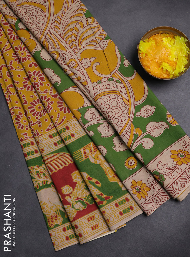 Kalamkari cotton saree yellow and light green with allover prints and printed border