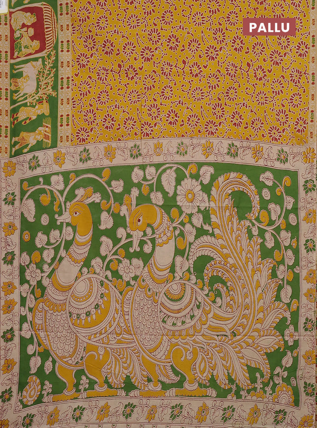 Kalamkari cotton saree yellow and light green with allover prints and printed border
