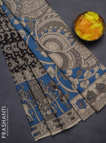 Kalamkari cotton saree coffee brown and cs blue with allover prints and printed border