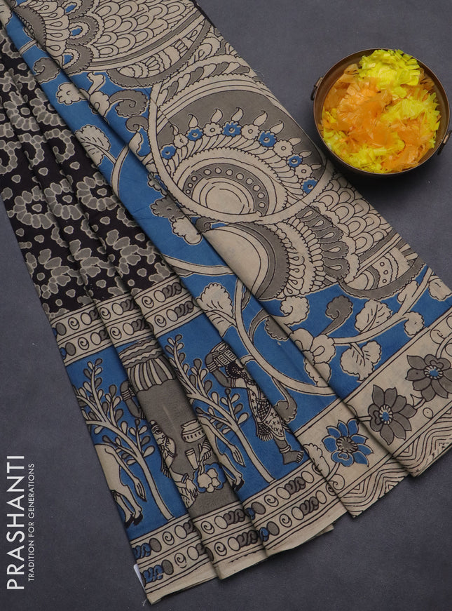 Kalamkari cotton saree coffee brown and cs blue with allover prints and printed border