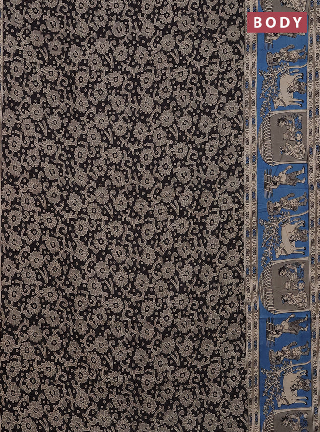 Kalamkari cotton saree coffee brown and cs blue with allover prints and printed border