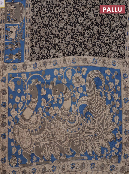 Kalamkari cotton saree coffee brown and cs blue with allover prints and printed border