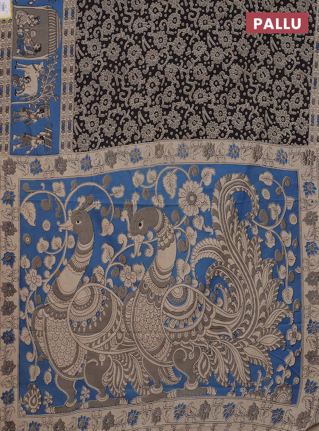 Kalamkari cotton saree coffee brown and cs blue with allover prints and printed border