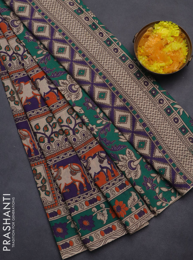 Kalamkari cotton saree multi colour and teal green with allover prints and printed border