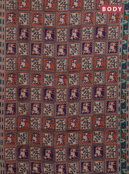 Kalamkari cotton saree multi colour and teal green with allover prints and printed border