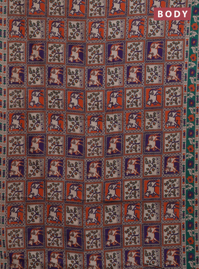 Kalamkari cotton saree multi colour and teal green with allover prints and printed border