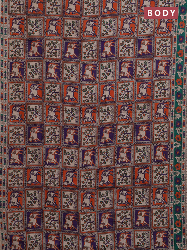 Kalamkari cotton saree multi colour and teal green with allover prints and printed border