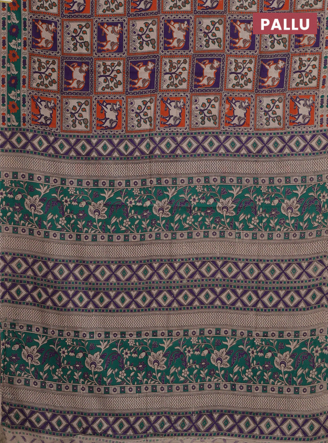 Kalamkari cotton saree multi colour and teal green with allover prints and printed border