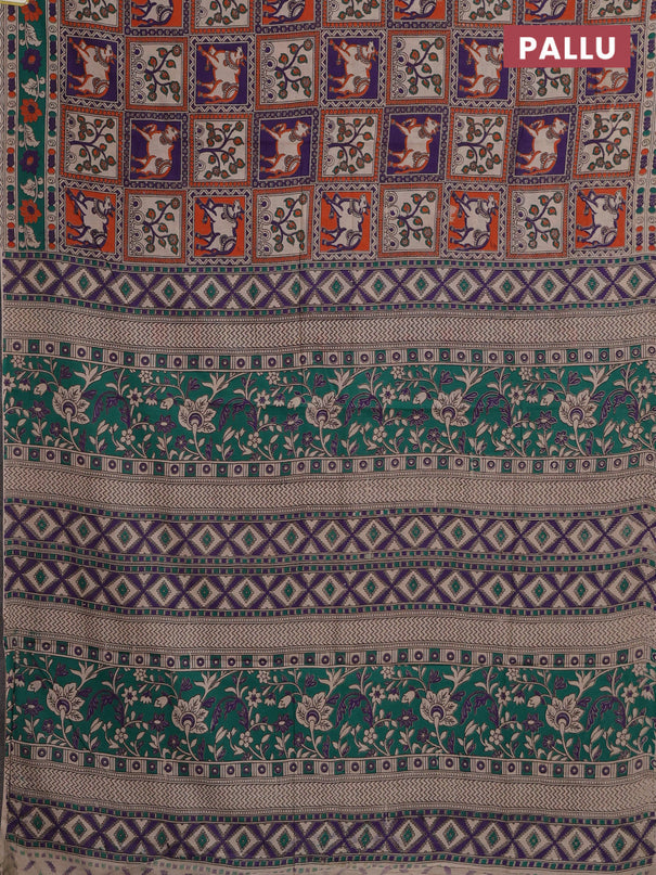 Kalamkari cotton saree multi colour and teal green with allover prints and printed border