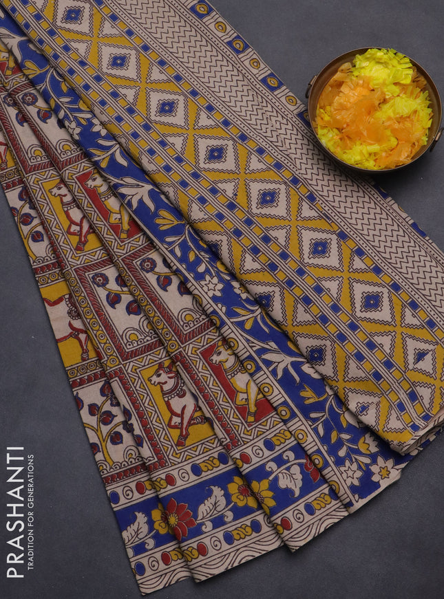Kalamkari cotton saree multi colour and blue with allover prints and printed border