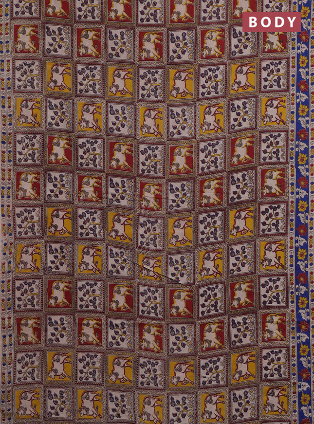 Kalamkari cotton saree multi colour and blue with allover prints and printed border