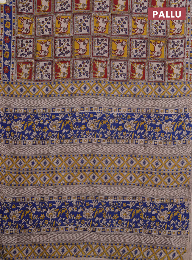 Kalamkari cotton saree multi colour and blue with allover prints and printed border