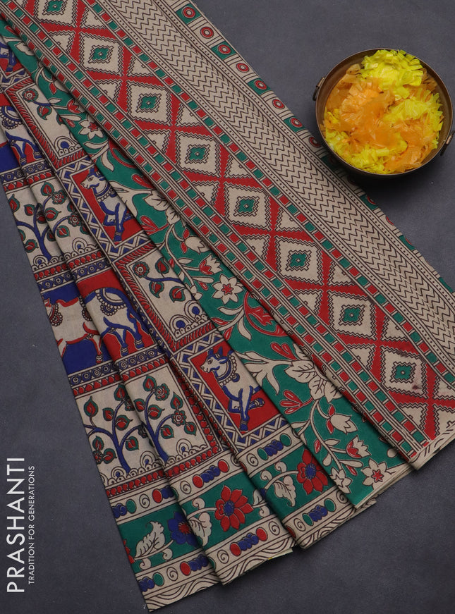 Kalamkari cotton saree multi colour and green with allover prints and printed border