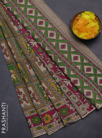 Kalamkari cotton saree multi colour and pink with allover prints and printed border