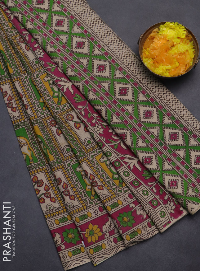 Kalamkari cotton saree multi colour and pink with allover prints and printed border