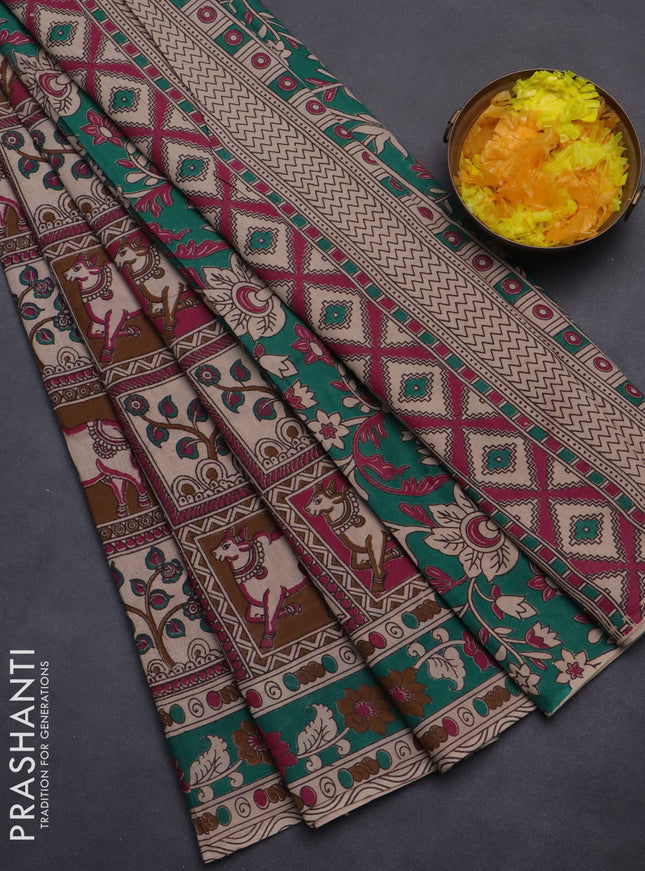 Kalamkari cotton saree multi colour and green with allover prints and printed border