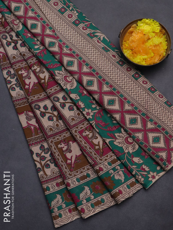 Kalamkari cotton saree multi colour and green with allover prints and printed border