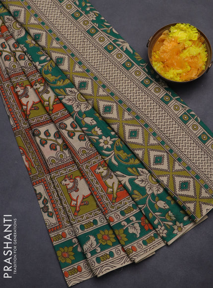 Kalamkari cotton saree multi colour and green with allover prints and printed border