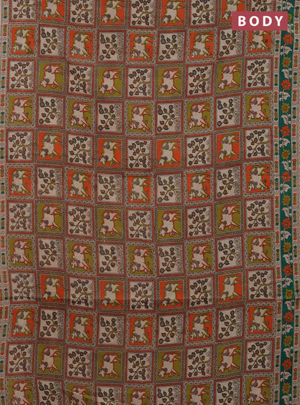 Kalamkari cotton saree multi colour and green with allover prints and printed border