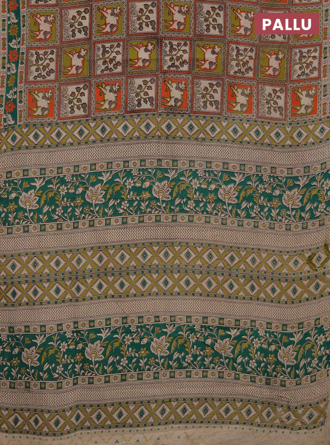 Kalamkari cotton saree multi colour and green with allover prints and printed border