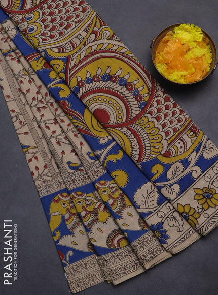 Kalamkari cotton saree beige and blue with allover prints and printed border